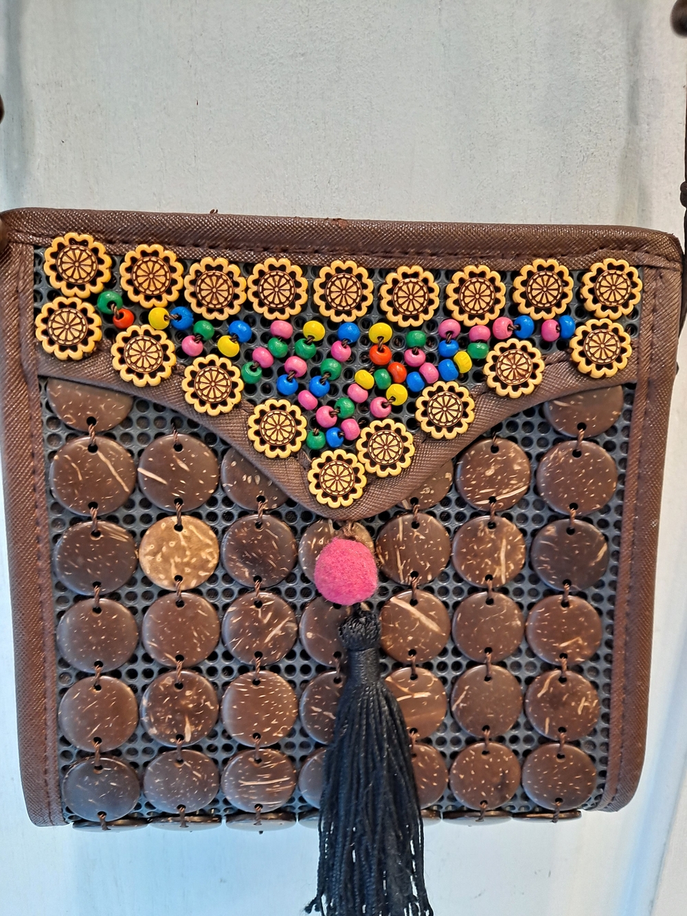 Artisan Handcrafted Boho Beaded Brown Coconut Shell Crossbody Bag with Tassel